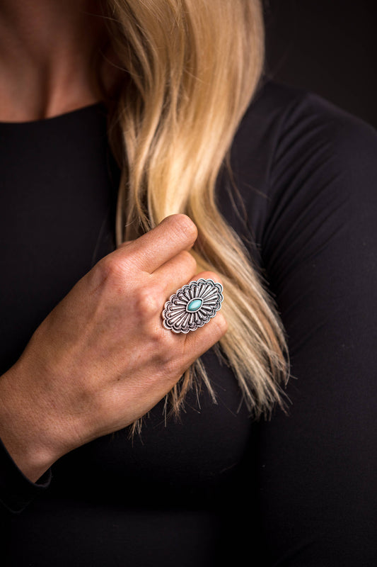 Adjustable Oval Concho Ring with Turquoise Accent