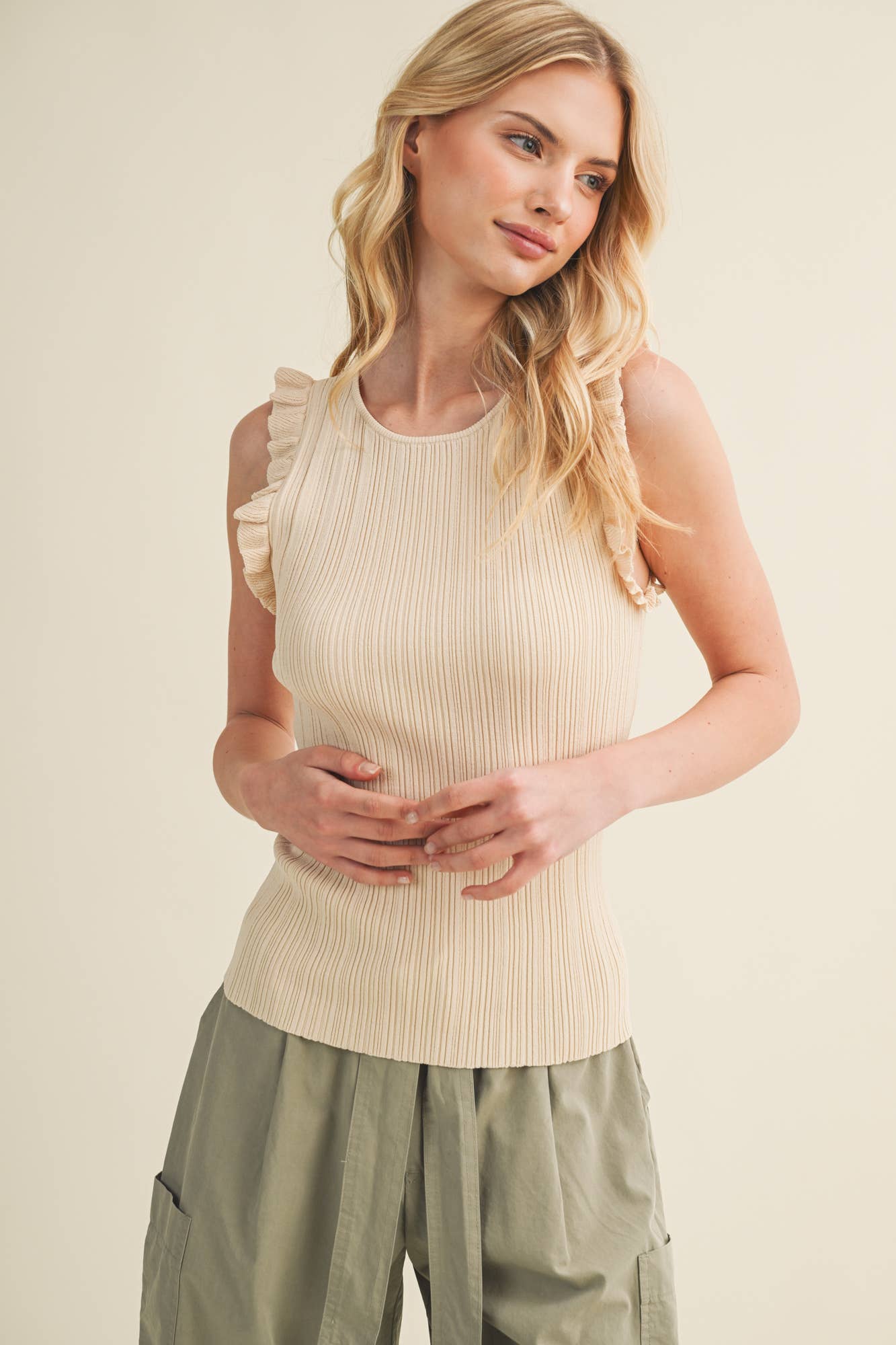 Plisse Shoulder Linear Ribbed Top: Black