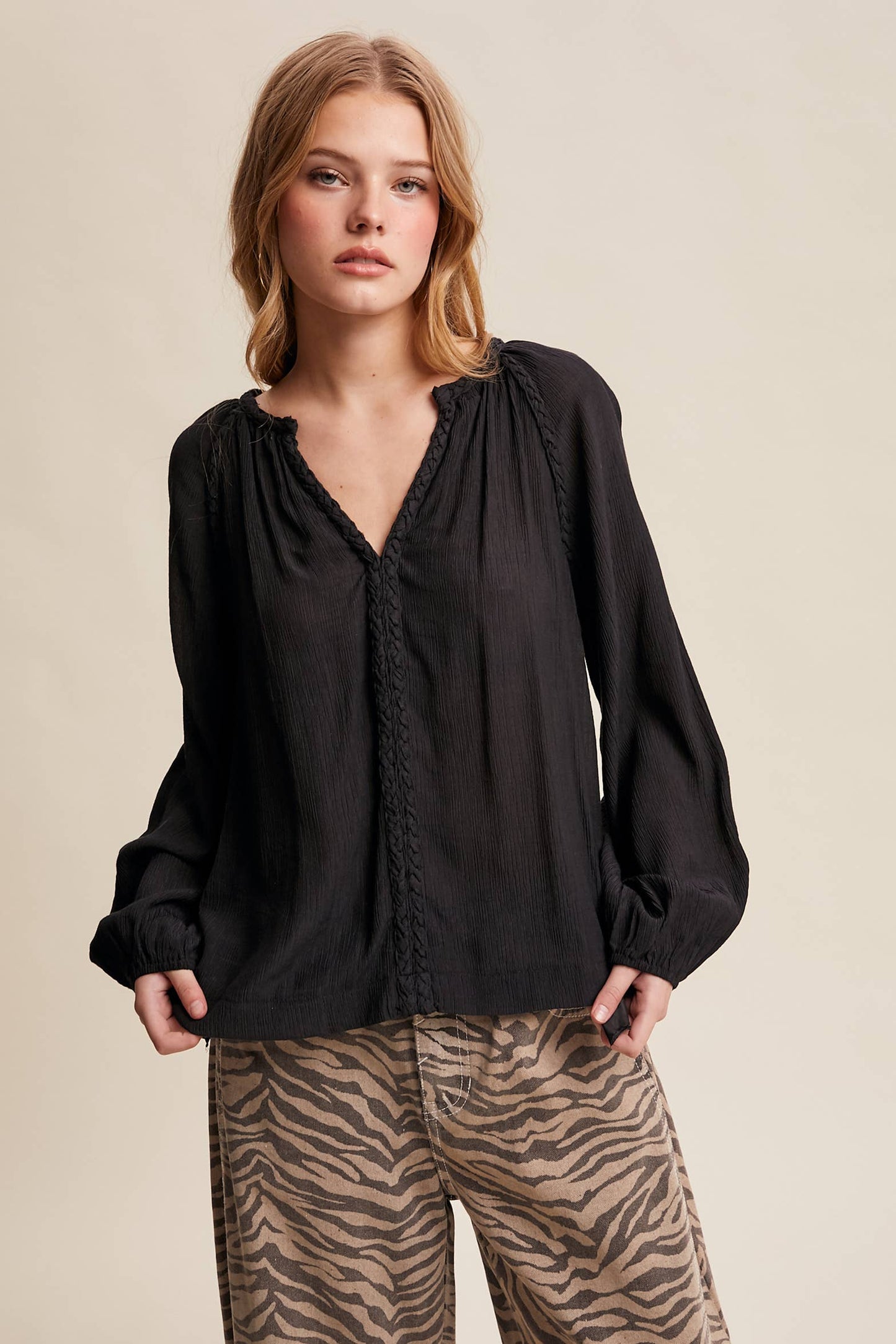 Braided Trim Peasant Blouse LT1447: Ecru / Contemporary / S