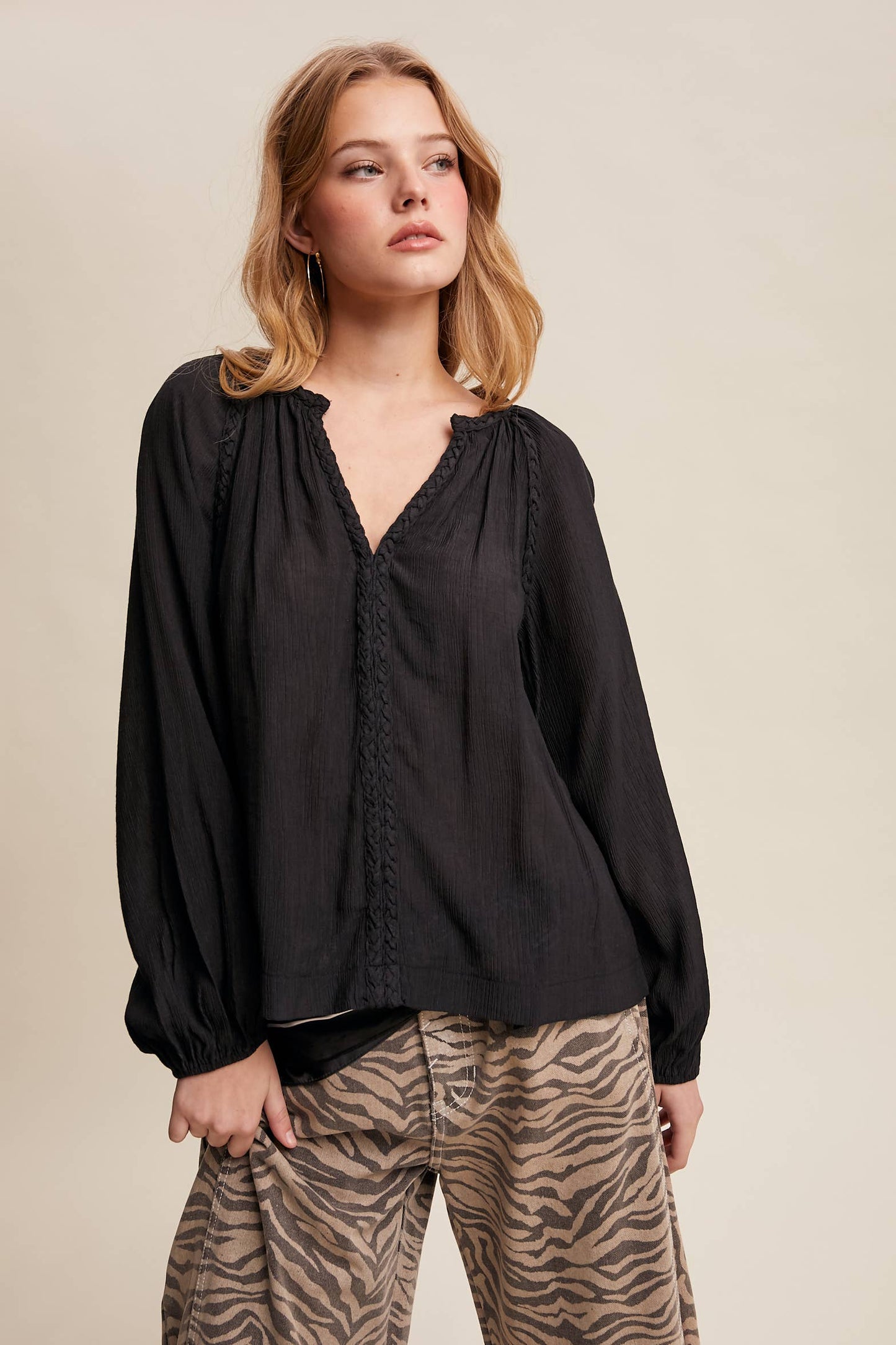 Braided Trim Peasant Blouse LT1447: Ecru / Contemporary / S