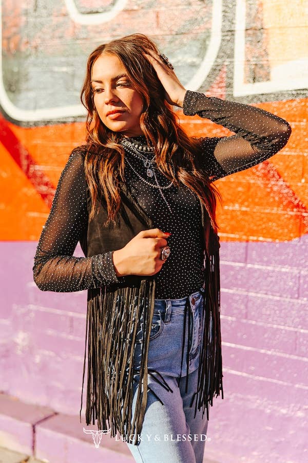 Black Suede Fringe Handmade Stitched Studded Vest