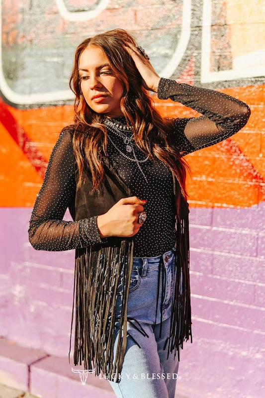 Black Suede Fringe Handmade Stitched Studded Vest