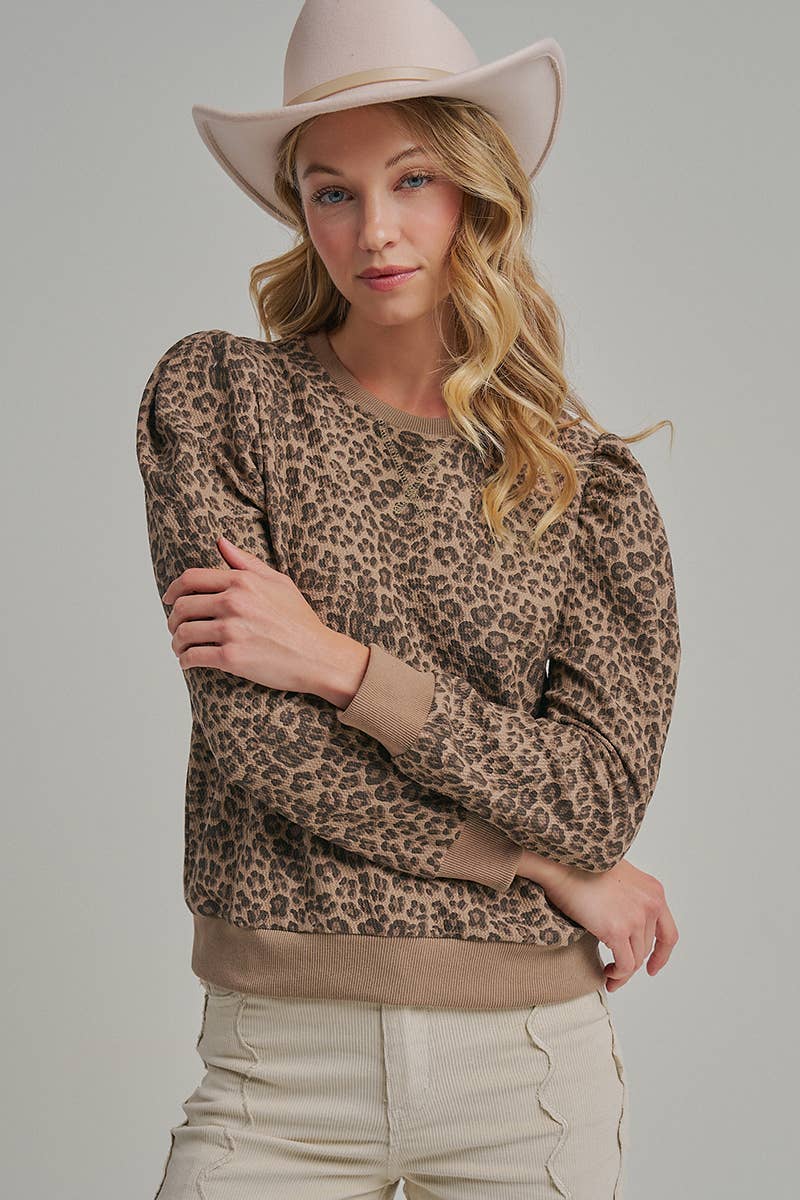 TEXTURED LEOPARD KNIT TOP WITH PUFF SHOULDER_JLT00331-01: LEOPARD / S-M-L(2-2-2)