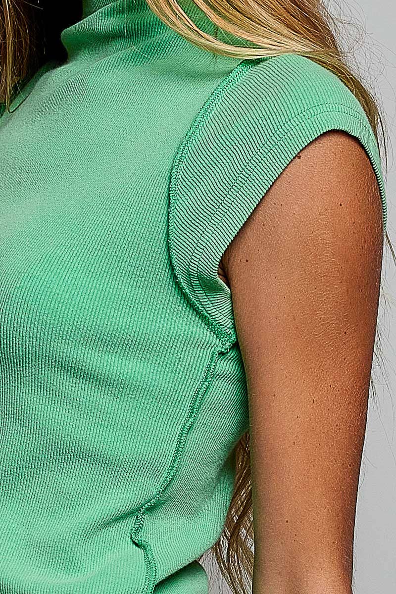 Vintage Wash Solid Overlock Stitch Mock Neck Knit Top SALE: PINE GREEN / L