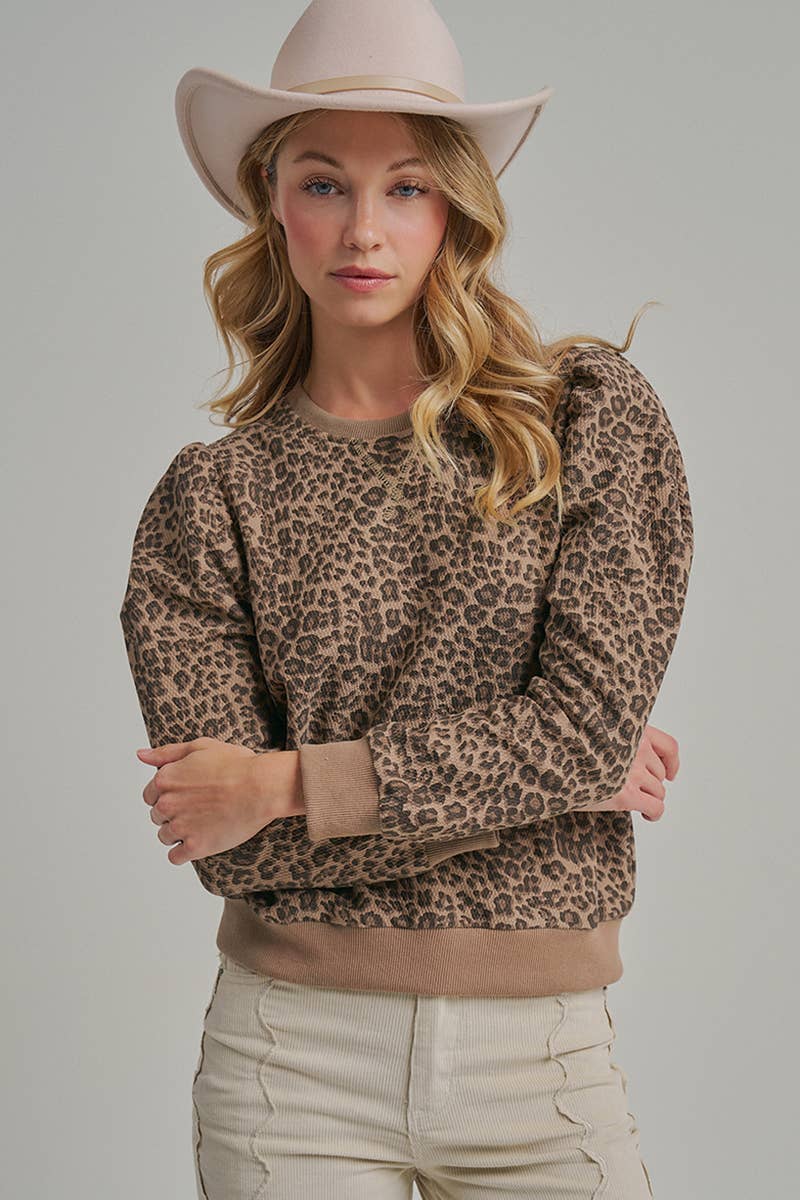 TEXTURED LEOPARD KNIT TOP WITH PUFF SHOULDER_JLT00331-01: LEOPARD / S-M-L(2-2-2)