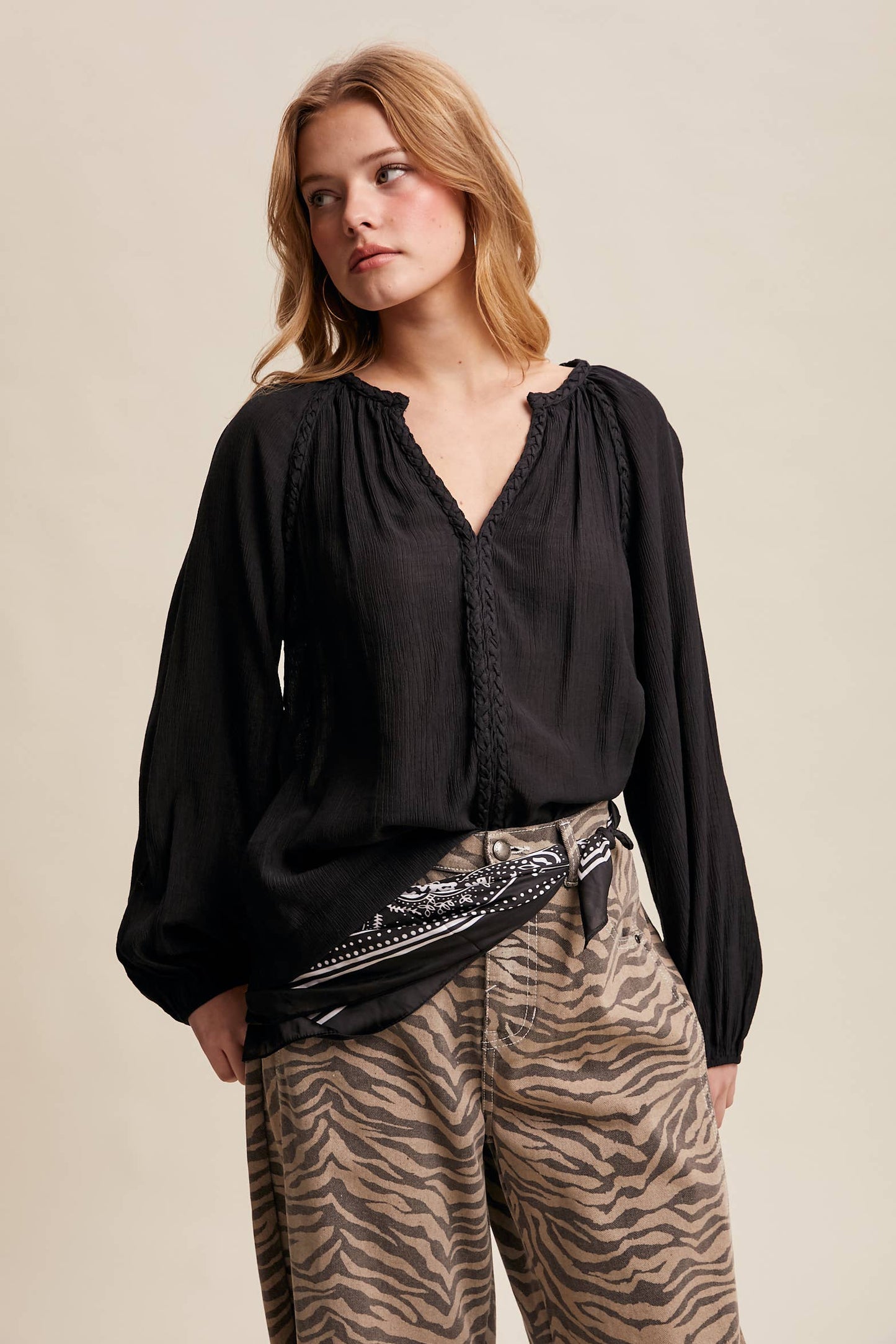 Braided Trim Peasant Blouse LT1447: Ecru / Contemporary / S