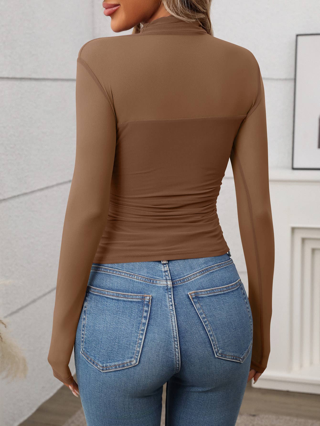 Half High Neck Sheer Long Sleeve Mesh Top: Black / M