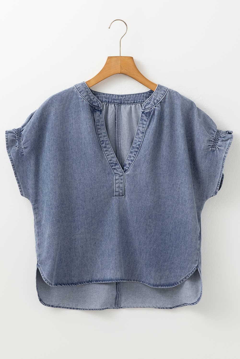 V Neck Ruffled Short Puff Sleeve Denim Top: Blue