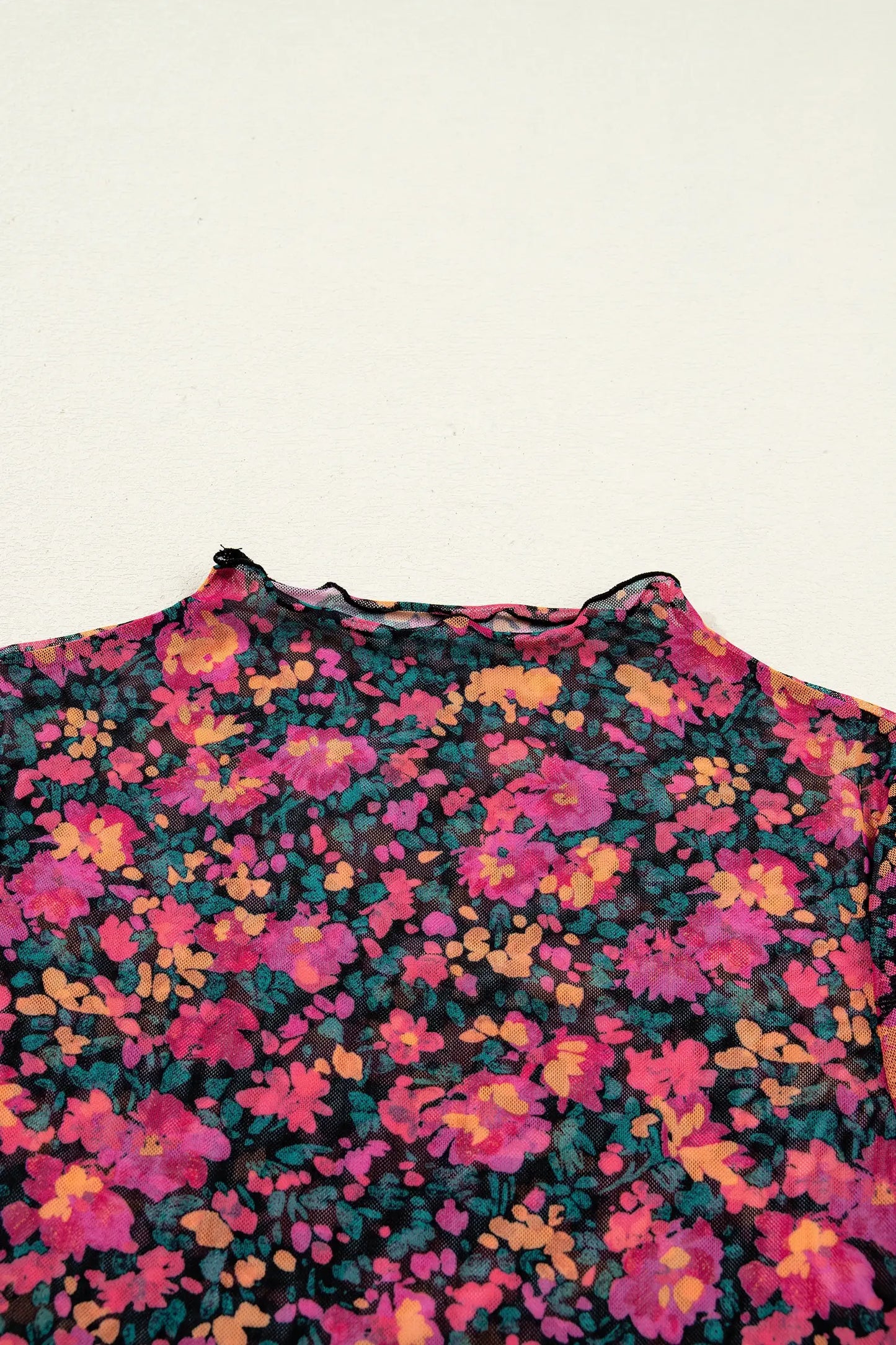 Slim Fit Floral Mesh Long Sleeve Mock Neck Top: Rose