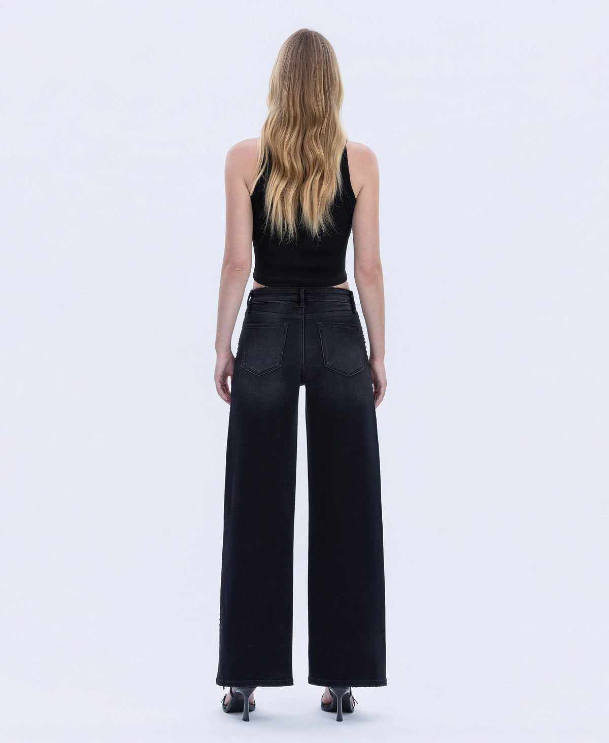 HIGH RISE SILVER DOME NAIL HEAD DETAIL WIDE JEANS V3712BK: Black / 25
