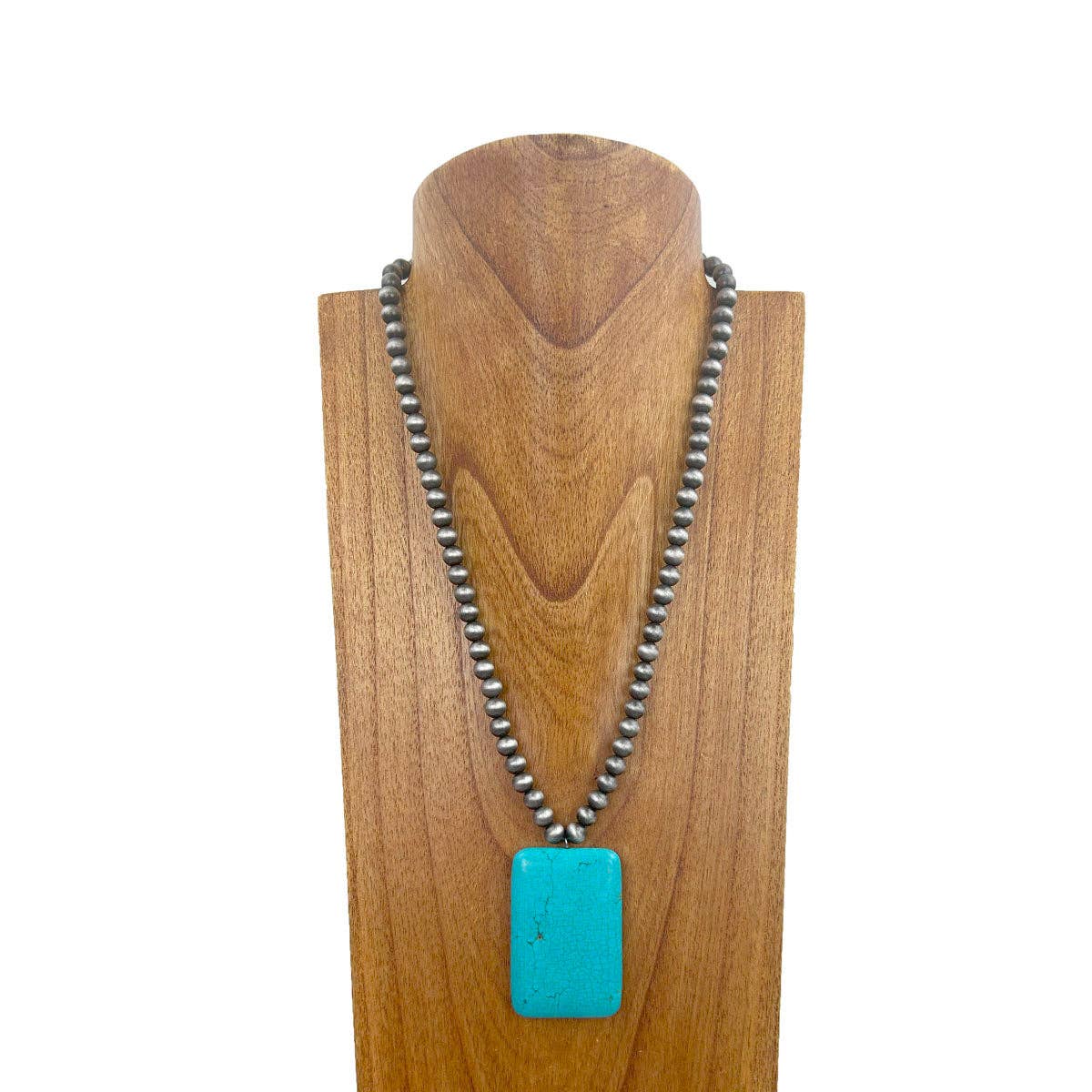 NKZ030524-01                         22 inches Silver Navajo pearl beads with large blue rectangle turquoise stone pendent Necklace: SILVER