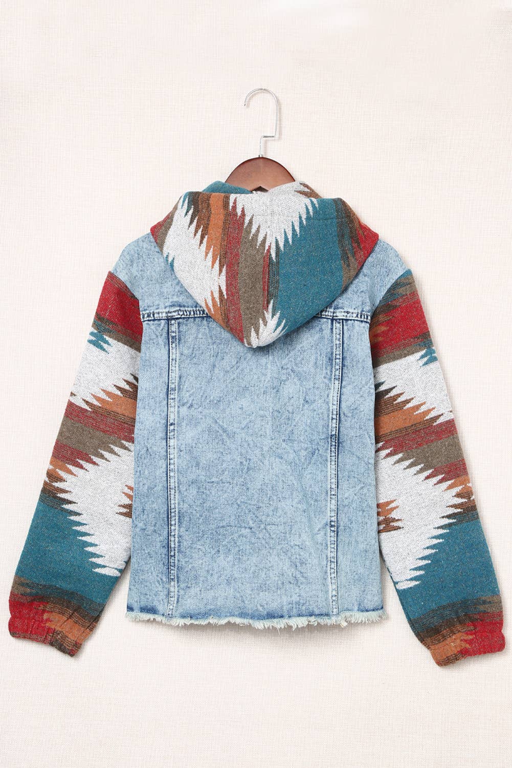 Multicolor Print Frayed Hem Denim Jacket: Blue / M