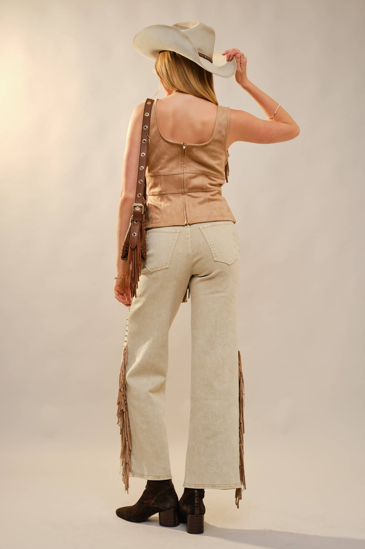 Fringe Stud Faux Suede Tank: CAMEL