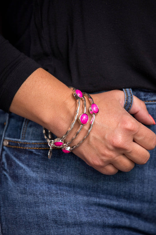 Set of 3 Burnished Silver Bangles with Pink Oval stones