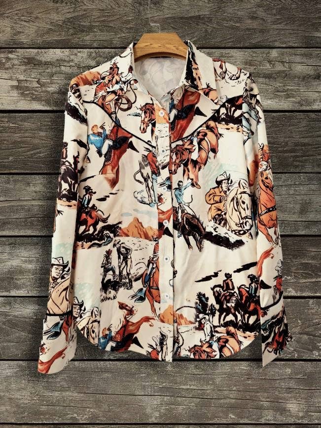 Button Up Western Cowgirl Graphic Shirt Top: Rodeo / L