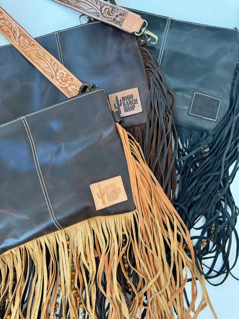 DIXIE CROSSBODY cowhide Western Tooled Leather fringe purse: BROWN + WHITE COWHIDE