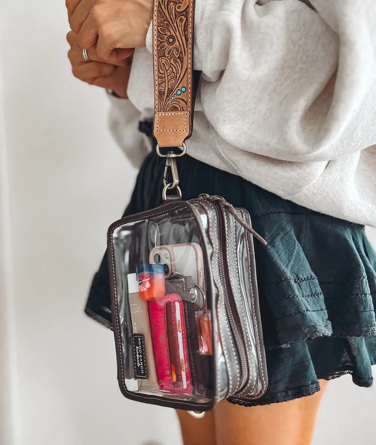 DARLA CLEAR WRISTLET | hand tooled strap - western purse: BROWN