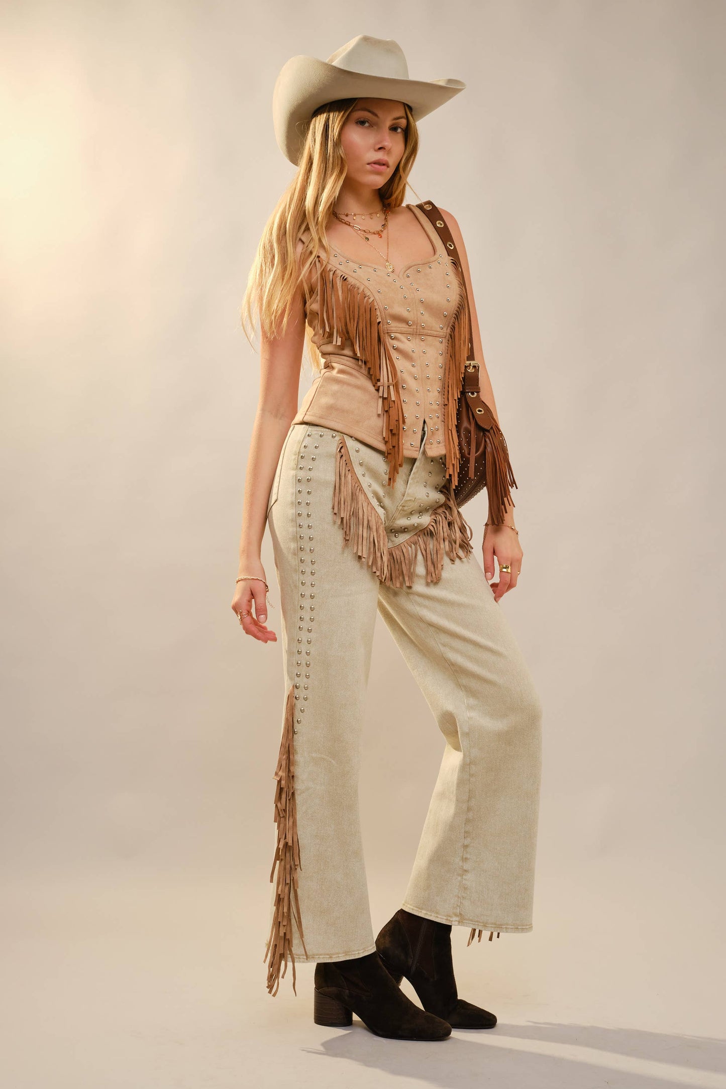 Fringe Stud Faux Suede Tank: CAMEL