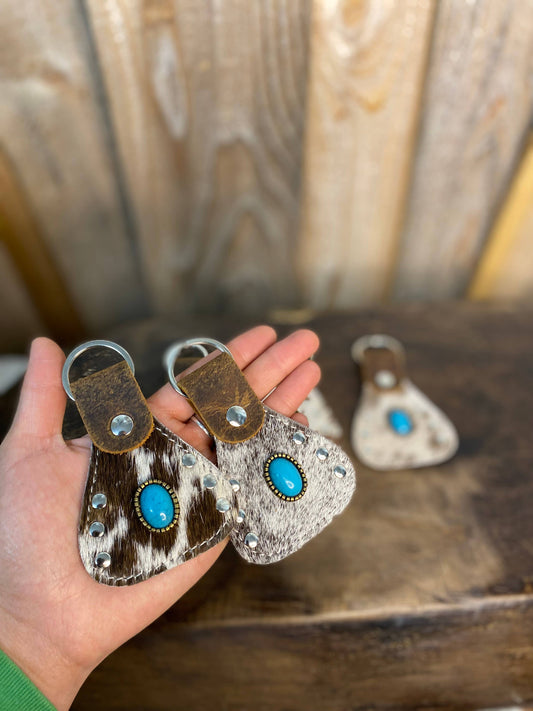 Stone Cowhide & Tooled Keychain     