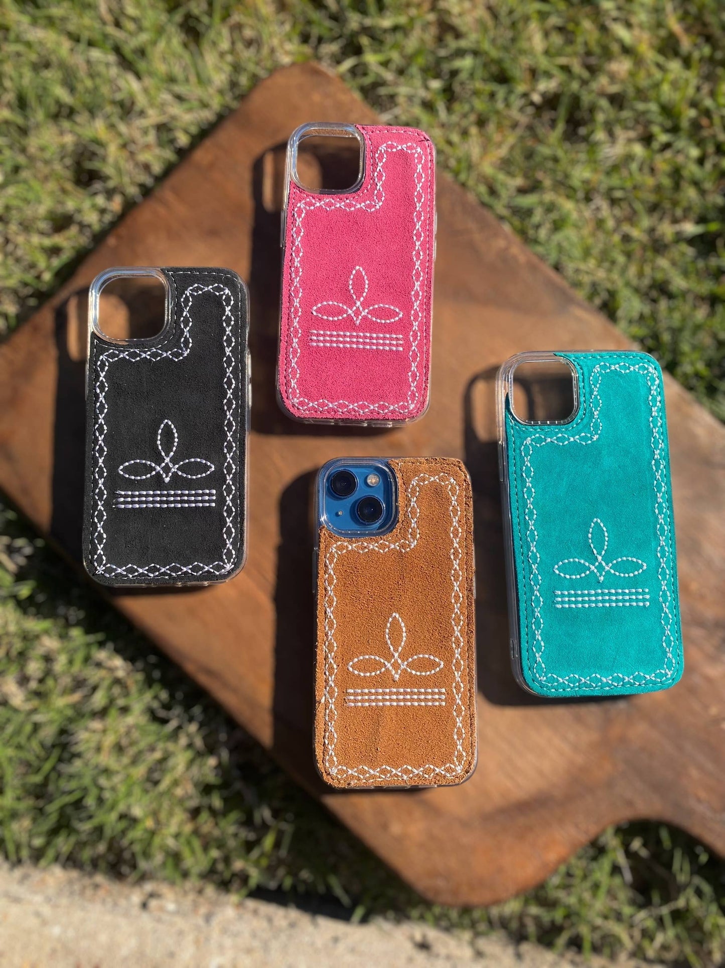 Pink Boot-Stitch Suede Leather Phone Case : Black / 16 Pro