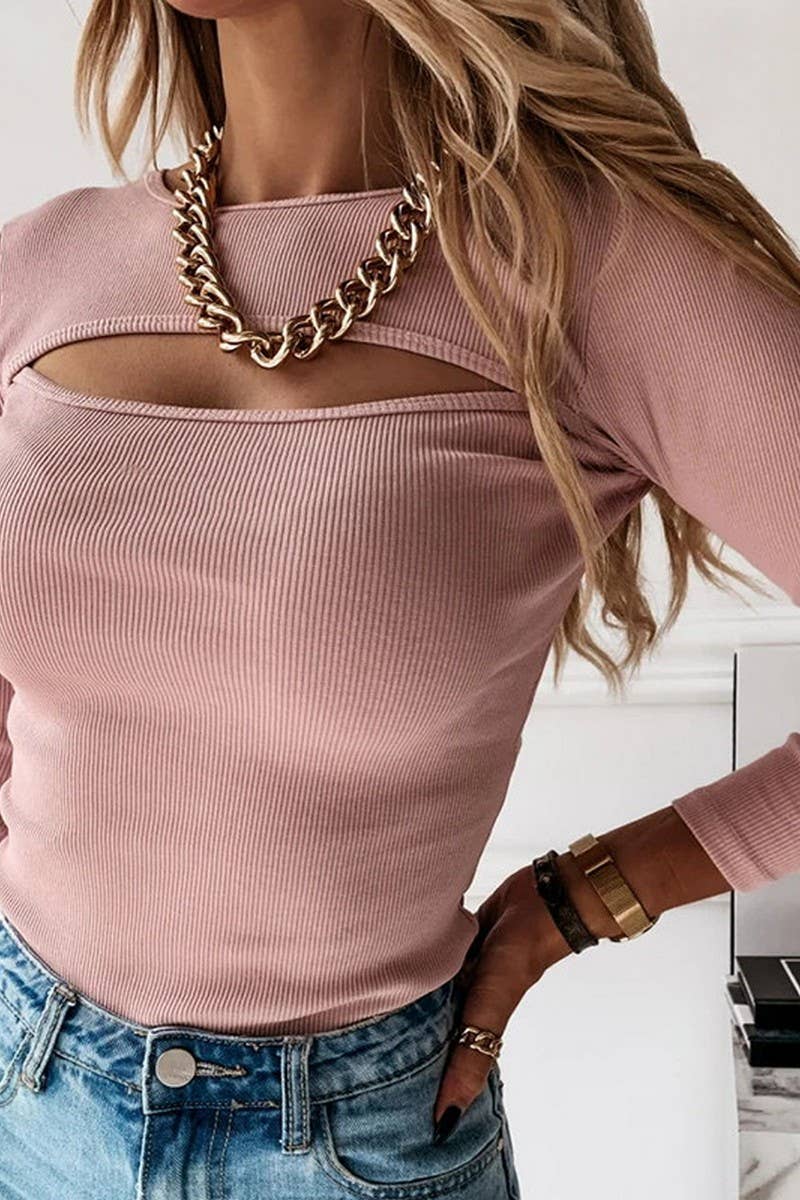 CWTBLL3780_RIBBED CUTOUT SLIM FIT LONG SLEEVE TOP: WHITE / (M) 1