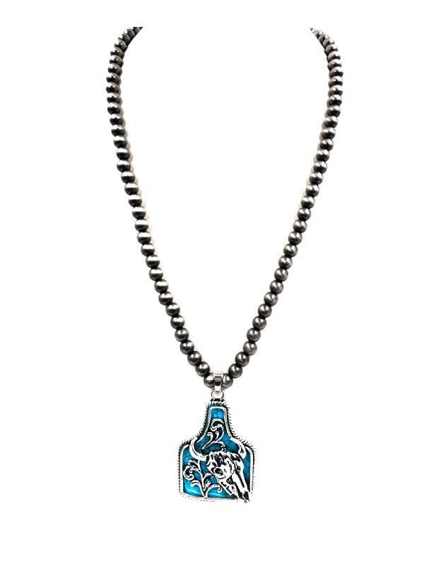 Western Turquoise Cattle Tag Navajo Pearl Necklace