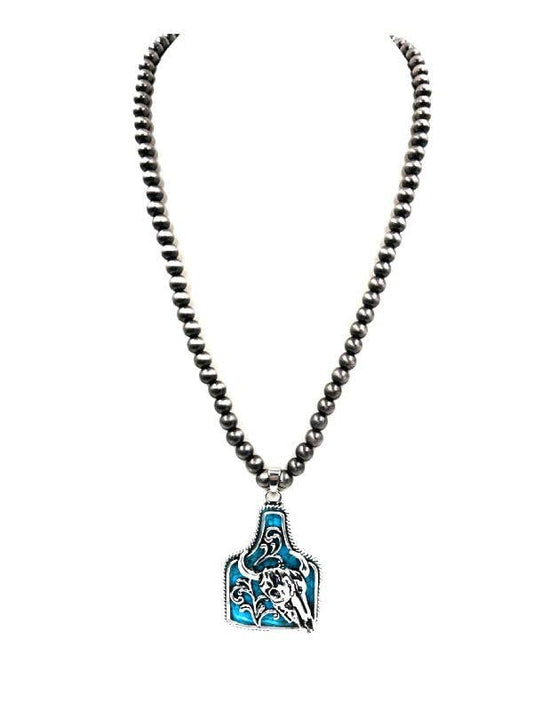 Western Turquoise Cattle Tag Navajo Pearl Necklace