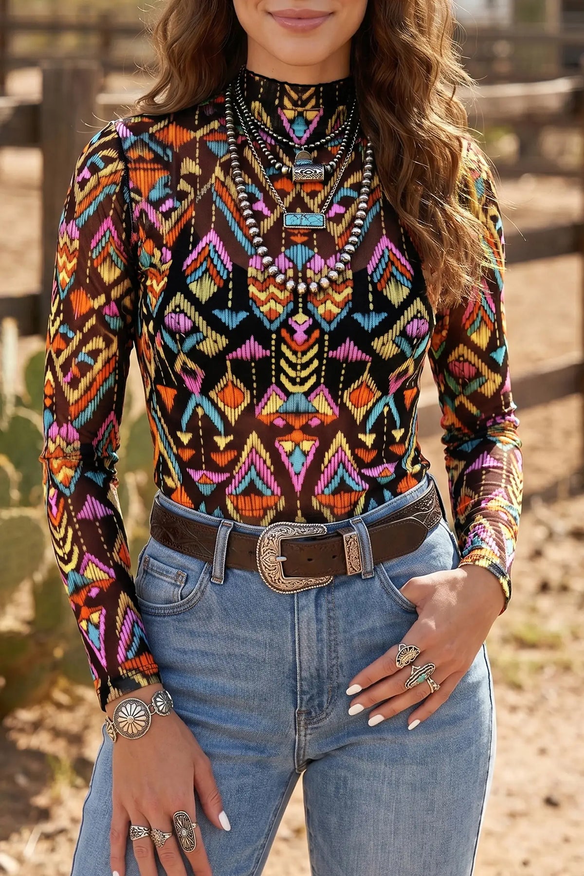 Color black Abstract Print Long Sleeve Stand Neck Mesh Top: Multi-Colored / M