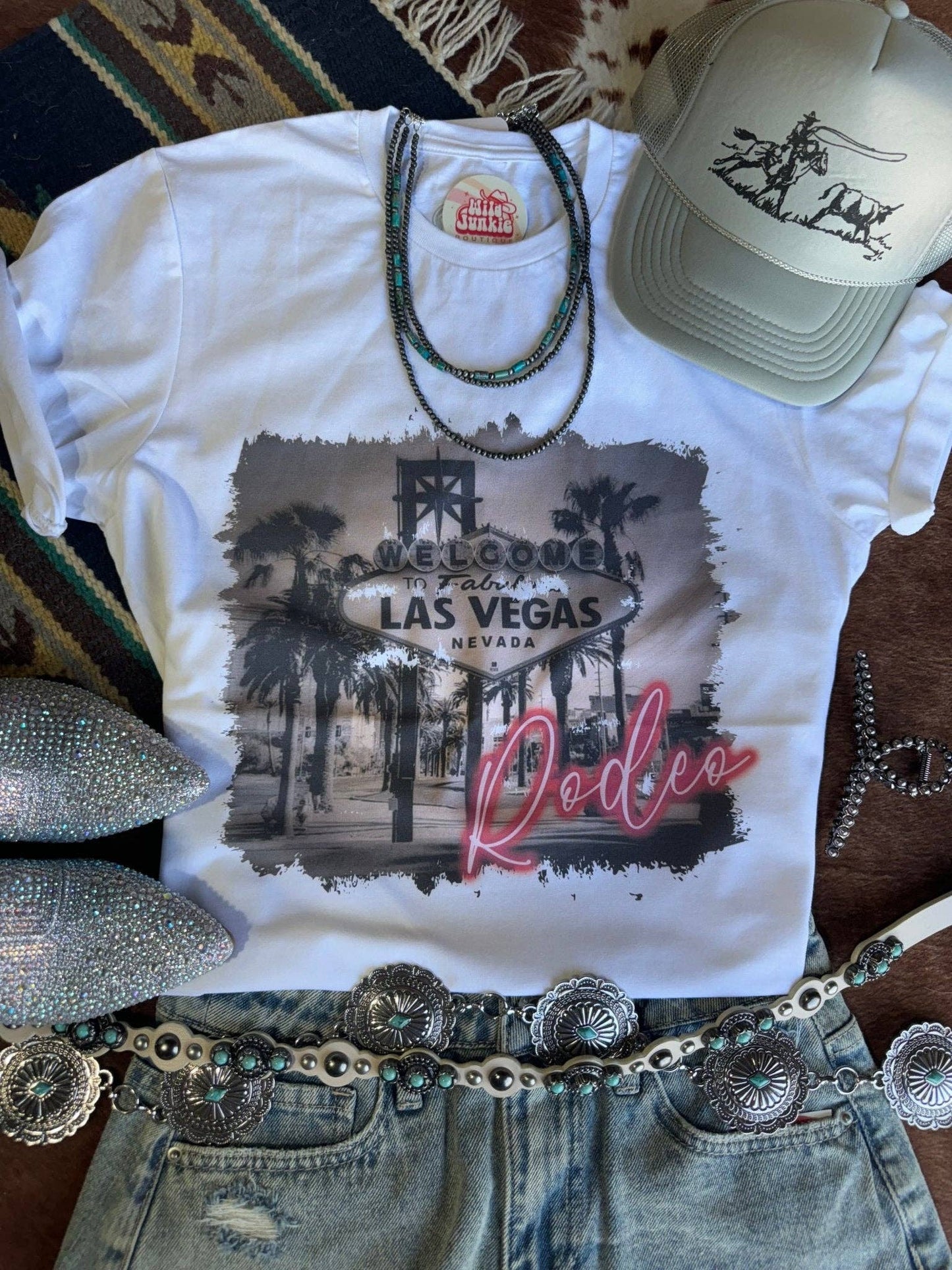 Las Vegas Pink Rodeo Graphic Tee: White / L