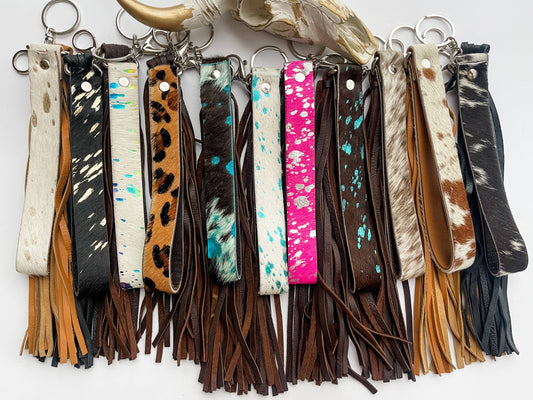 Cowhide Leather Fringe Tassel Keychain: WHITE + TURQUOISE