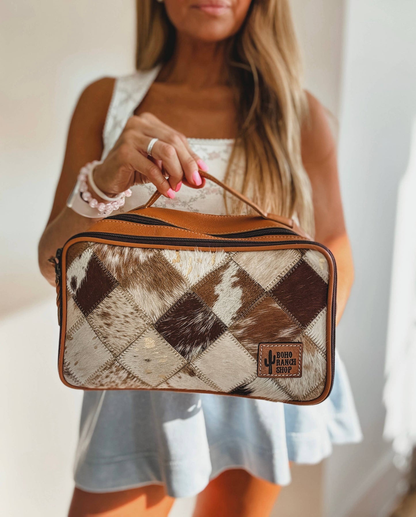 COWHIDE COSMETICS TRAVEL bag Genuine Hair On Leather makeup: BLACK + WHITE COWHIDE
