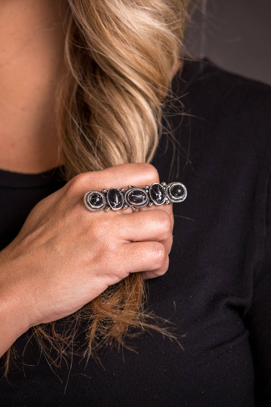 6 Stone Adjustable Black Statement Ring.