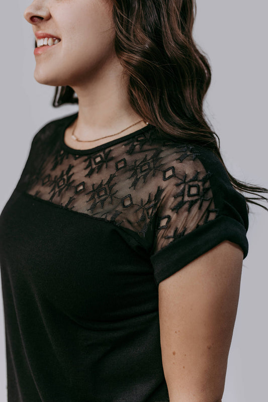 MK685 Aztec Lace Mix Blouse: Black