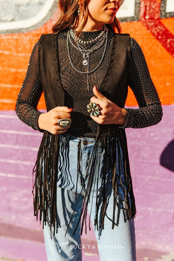 Black Suede Fringe Handmade Stitched Studded Vest