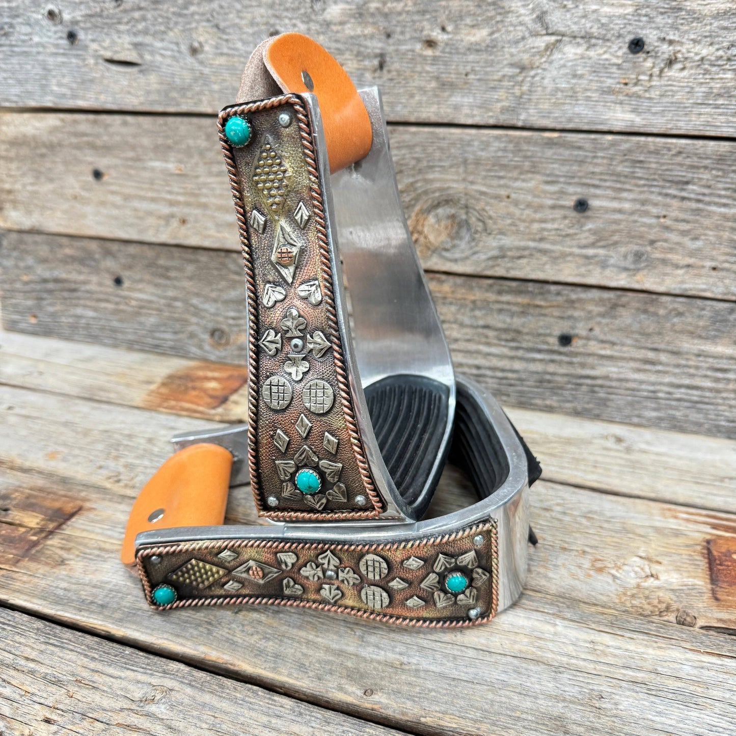 Hand Engraved Copper and Turquoise Barrel Racing Western Stirrups BRS100
