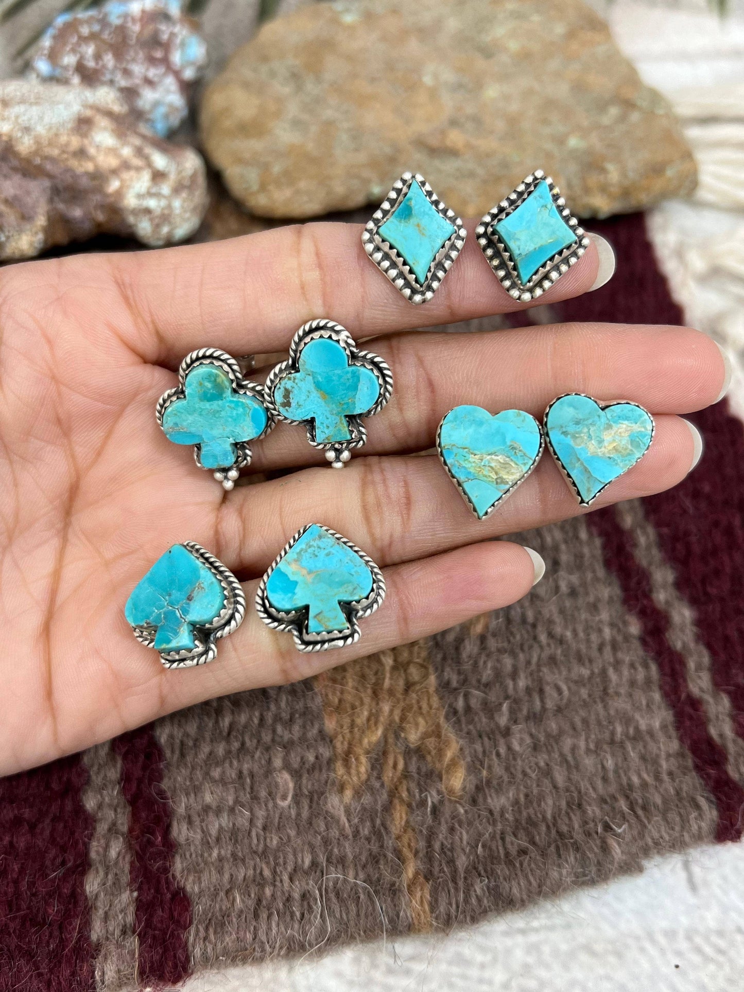 Handmade Sterling Silver Kingman Turquoise Post Studs with Signed Nizhoni: Diamond