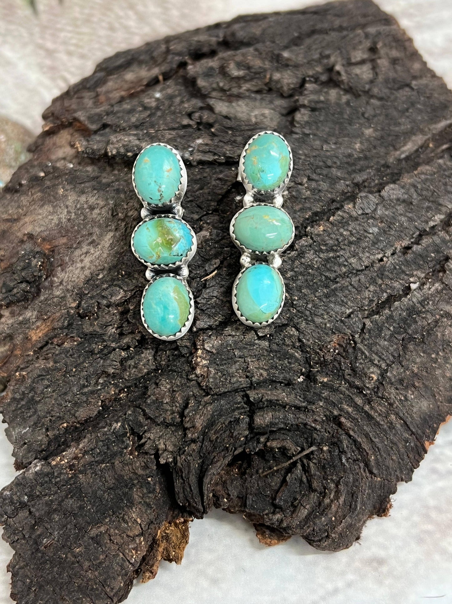 Handmade Sterling Silver Kingman Turquoise Post Dangle Earrings, Signed Nizhoni: Kingman Turquoise / Dangle