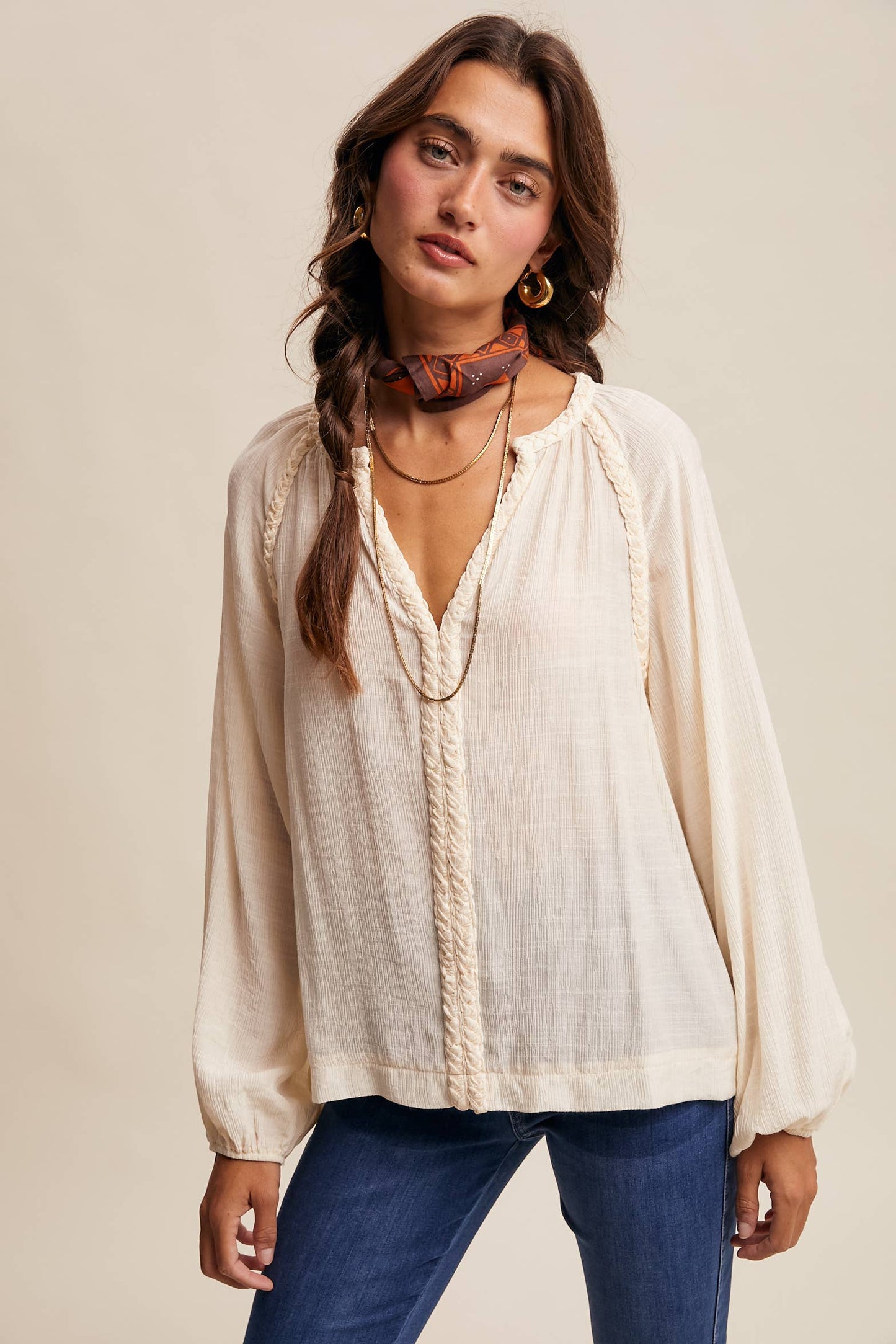 Braided Trim Peasant Blouse LT1447: Ecru / Contemporary / S