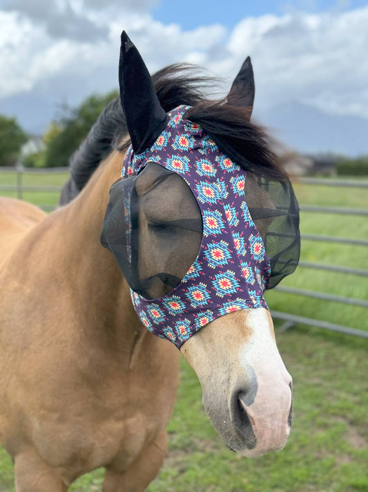 Lycra Fly Mask: Navy Aztec / Horse