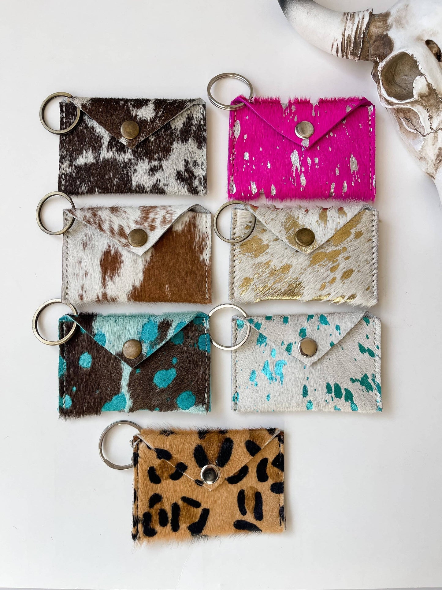 Cowhide Credit Card Holder Keychain - Gift Card holder: Pink + Silver Specs