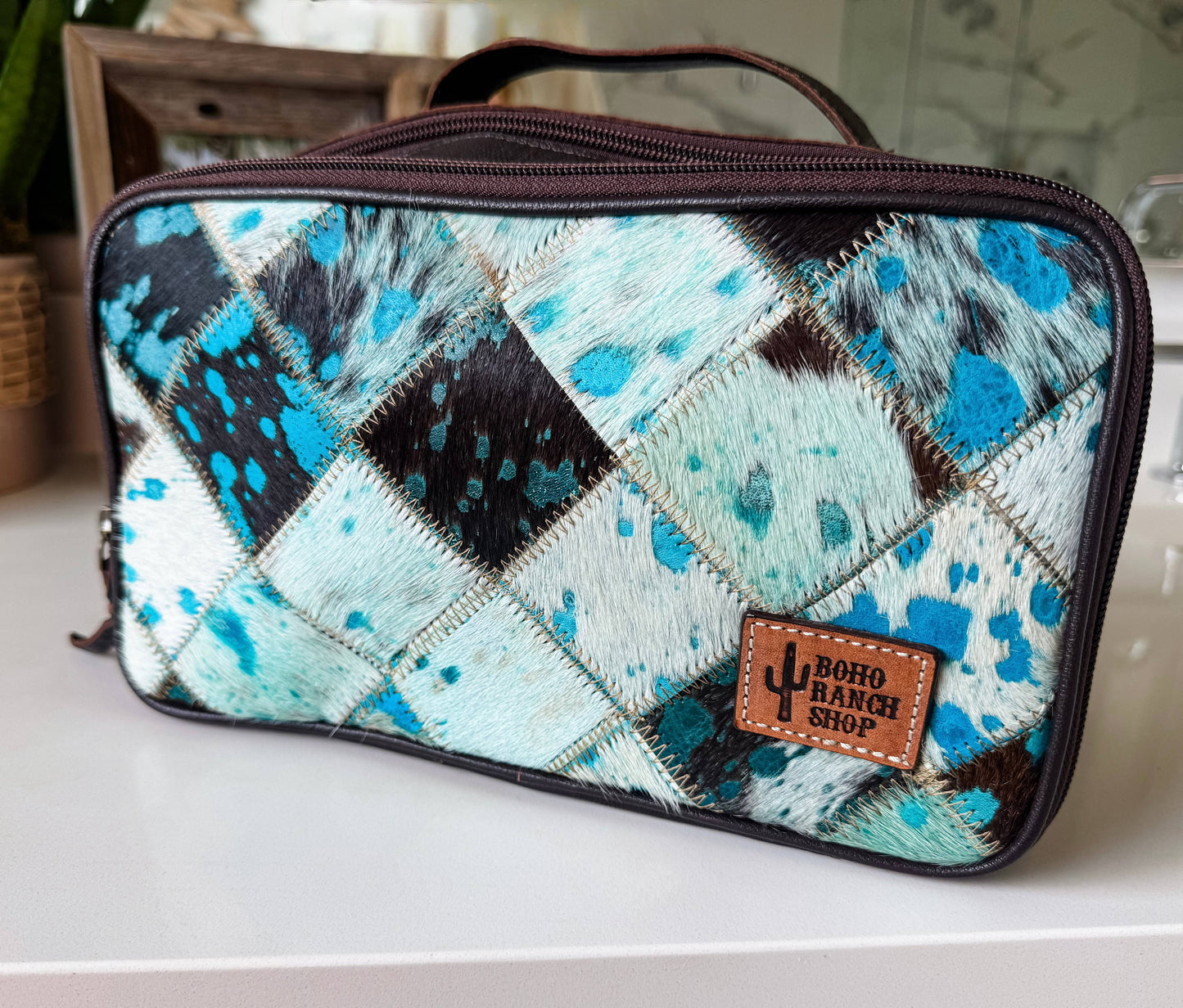 COWHIDE COSMETICS TRAVEL bag Genuine Hair On Leather makeup: BLACK + WHITE COWHIDE