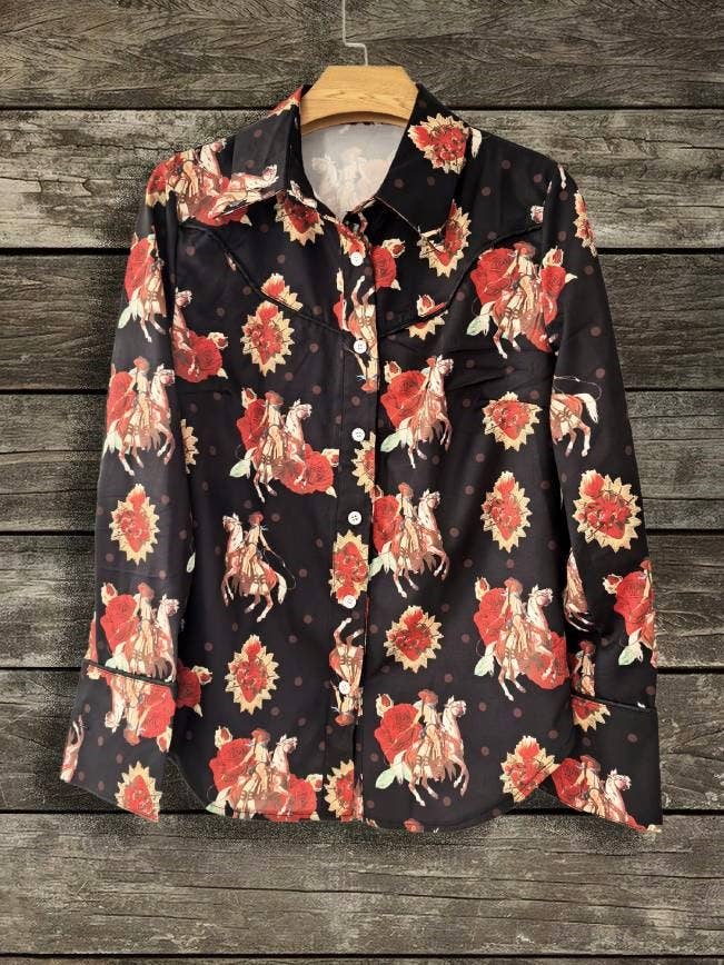 Button Up Western Cowgirl Graphic Shirt Top: Rodeo / XL