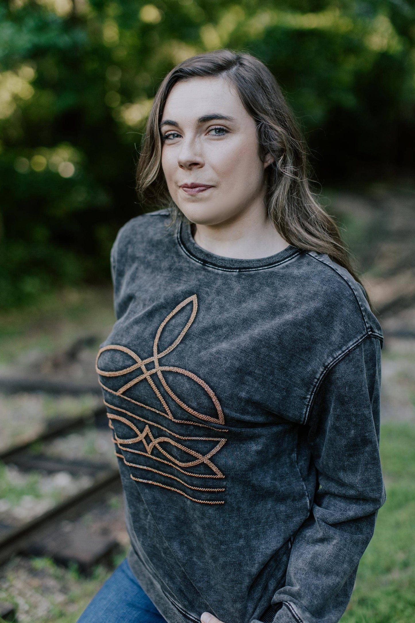 Sequin Boot Stitch Acid Washed Sweatshirt: Charcoal