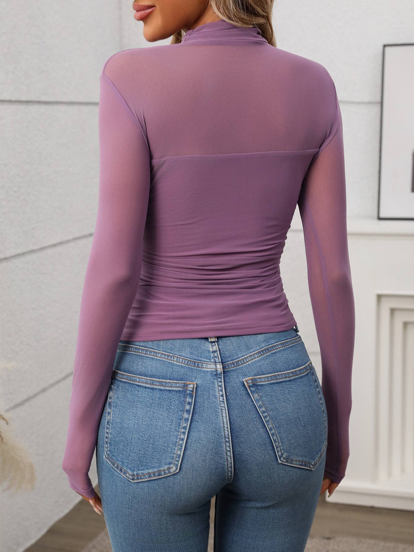 Half High Neck Sheer Long Sleeve Mesh Top: Black / M