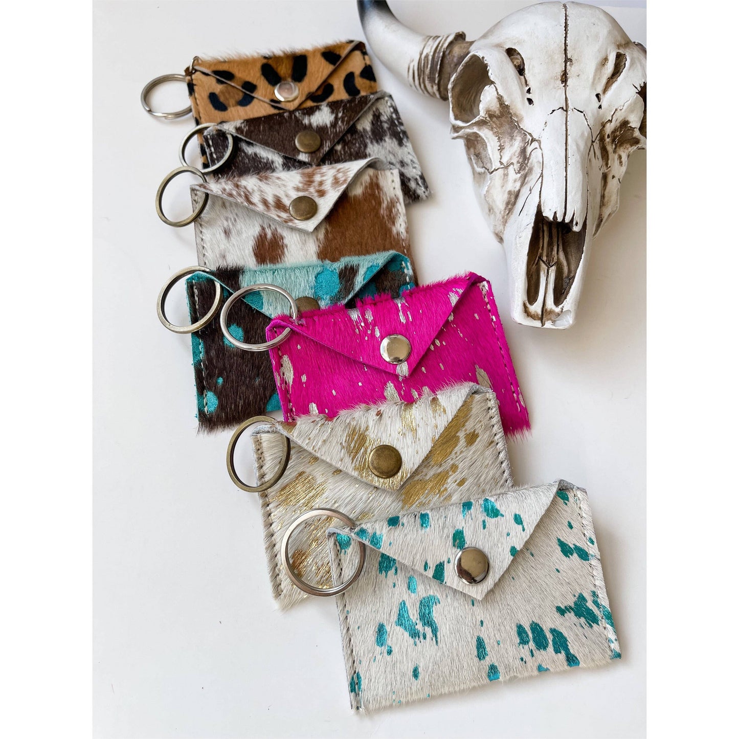 Cowhide Credit Card Holder Keychain - Gift Card holder: Pink + Silver Specs