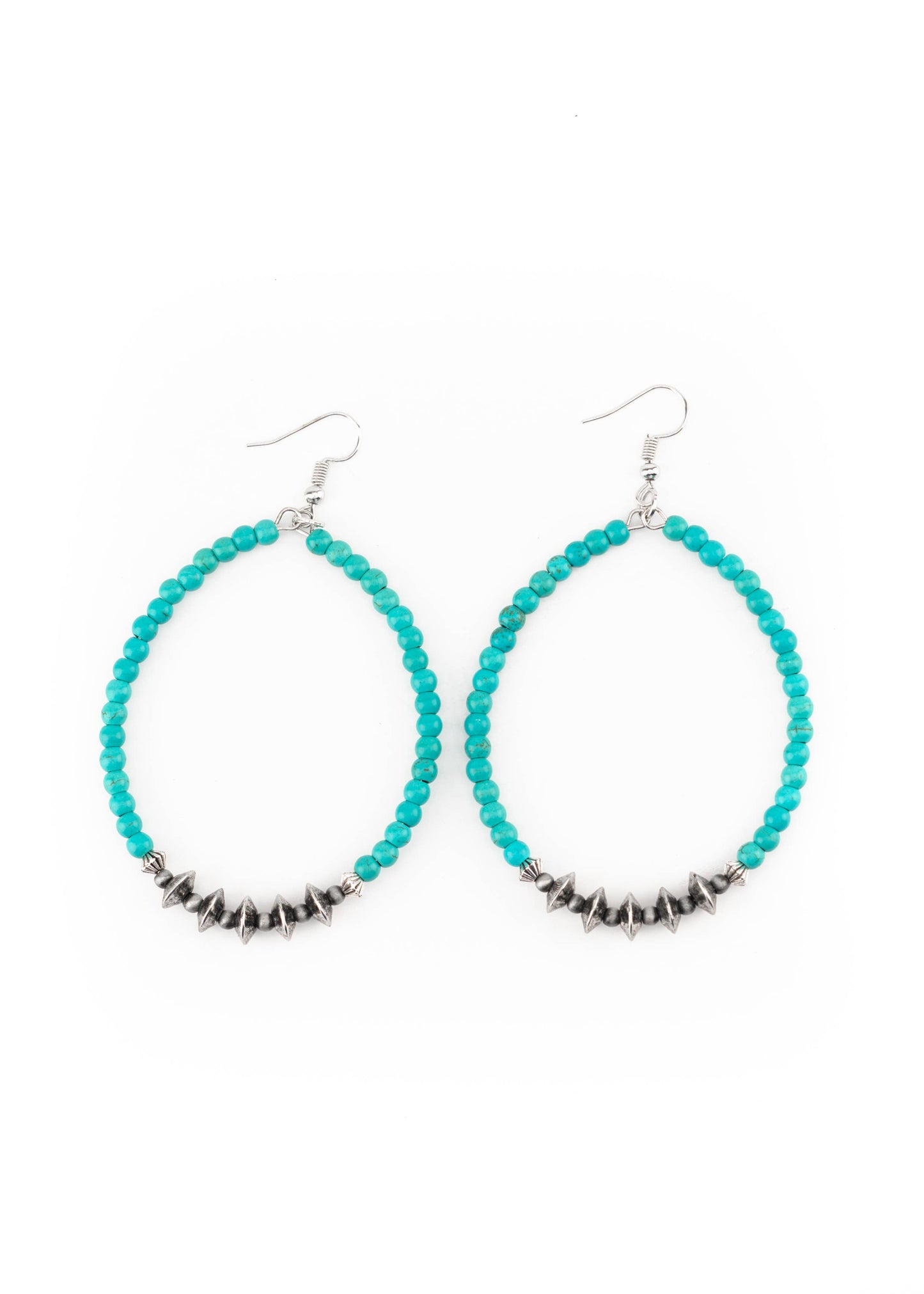 3.5" Green Beaded Hoop Earring with Silver Disc Accents