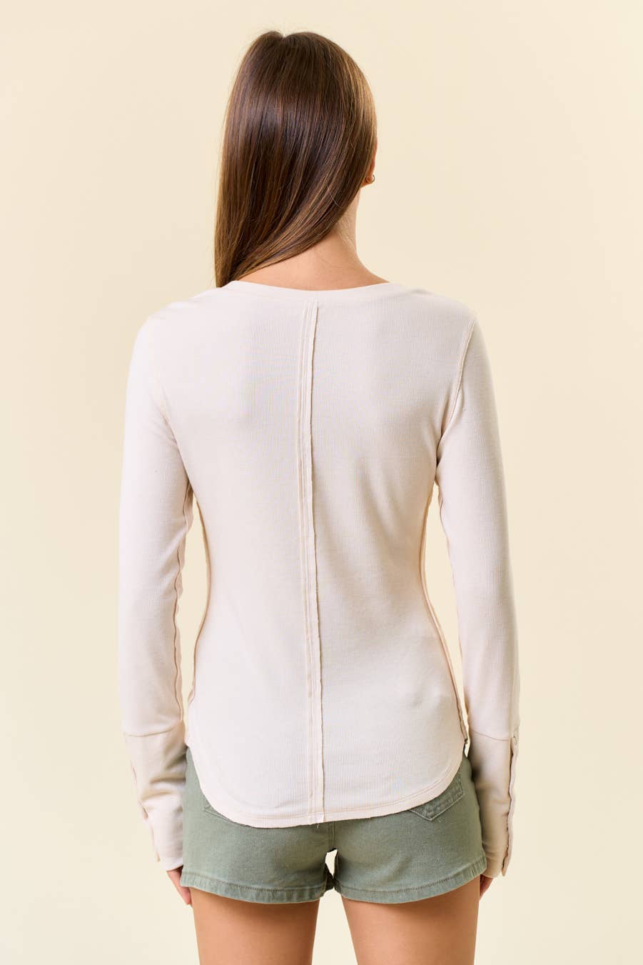 Soft Rib Exposed Seaming Long Sleeve Henley Top - PALE SAND