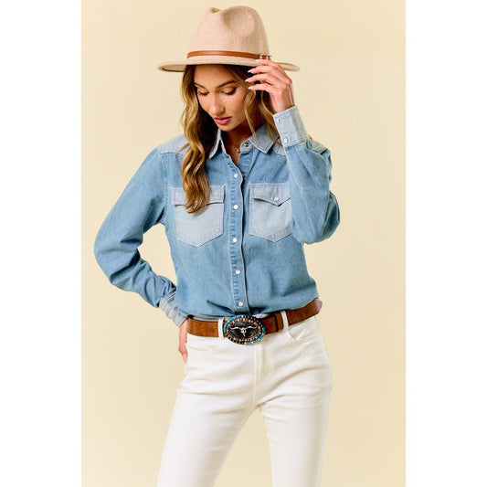 LIGHT WASH TOW TONE WESTERN SHIRT: LIGHT WASH / M