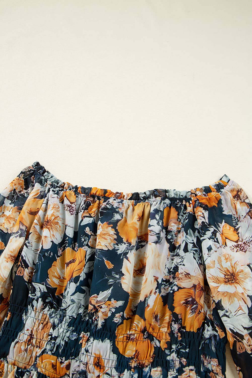 Floral Off Shoulder Bell Sleeve Smocked Peplum Top: Blue / L