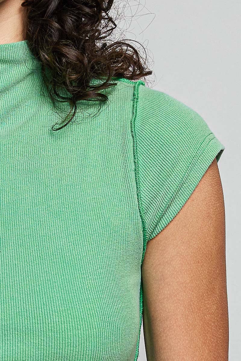 Vintage Wash Solid Overlock Stitch Mock Neck Knit Top SALE: TAUPE / M